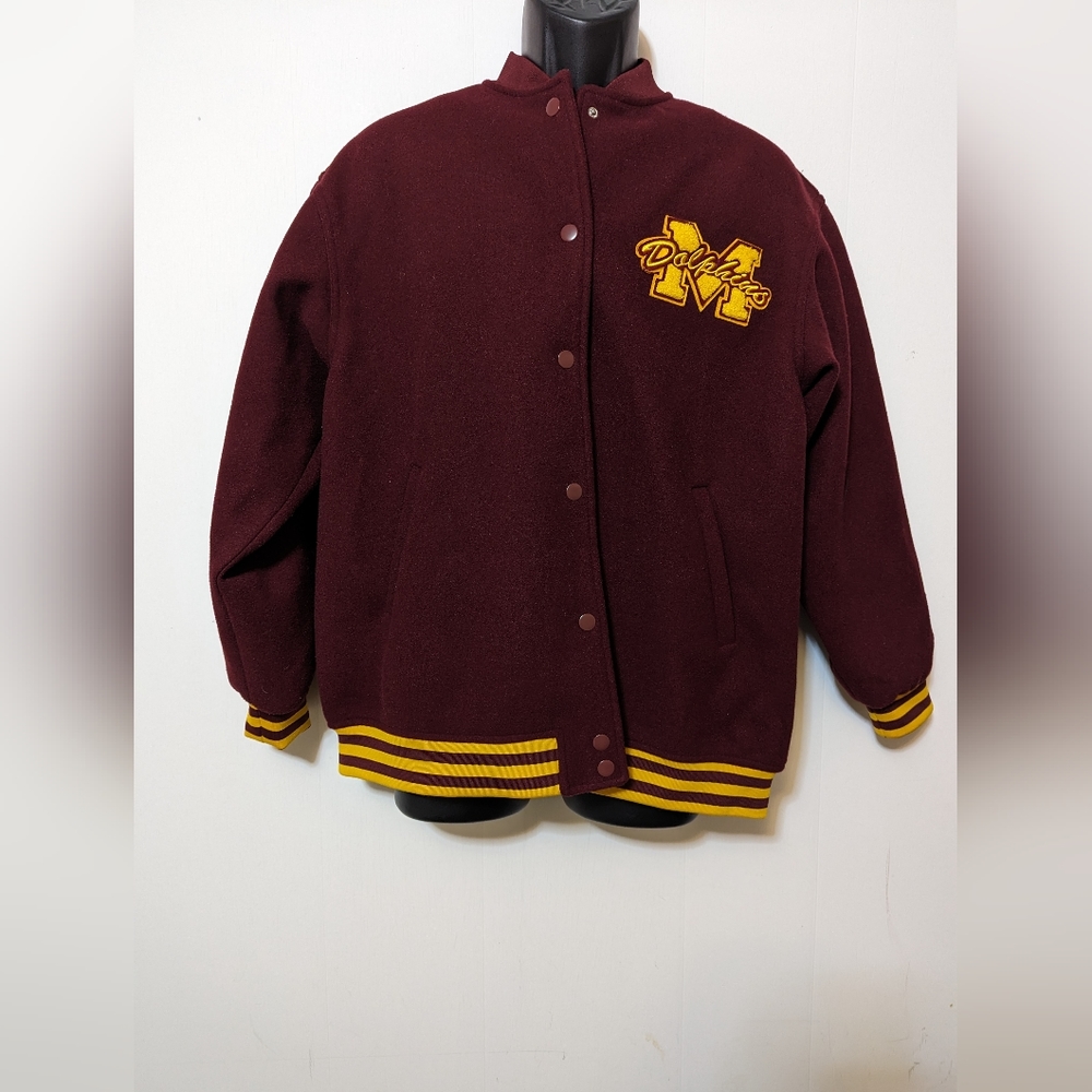Divided by H&M Varsity Jacket Size Small Maroon and Yellow Dolphins